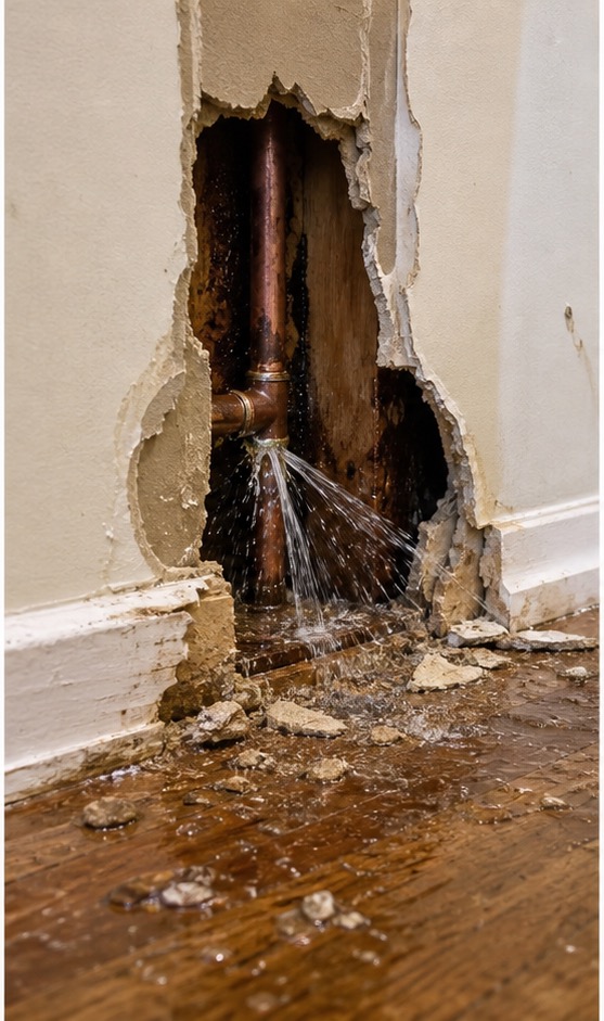 Burst pipe water damage at a home