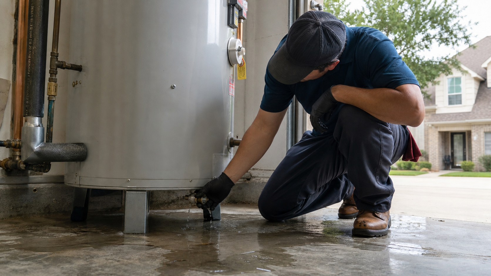 Leaking residential water heater with water on the floor